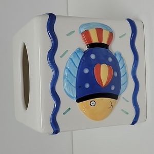 Ceramic Square Tissue Cover Holder with Fish White Blue copyright by Coco Dowley